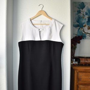 Calvin Klein Black and White Neck Slit Gold Bar Work Dress